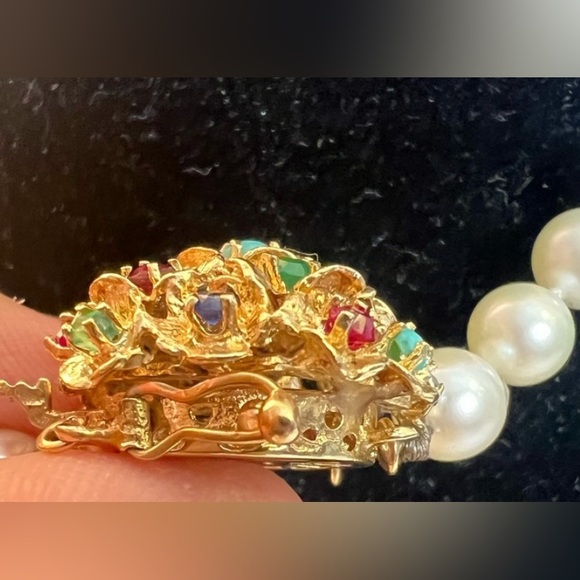 Vintage Pearls Necklace 14K Gold Multi-gems❤️💜💚💙🩵 - Picture 5 of 14